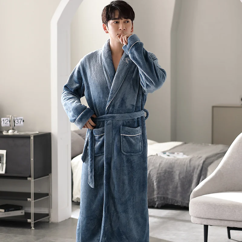 High Quality Men Long Bath Robe Warm Super Soft Flannel Coral Fleece Bathrobe Male Dressing Gown Pijamas Hombre