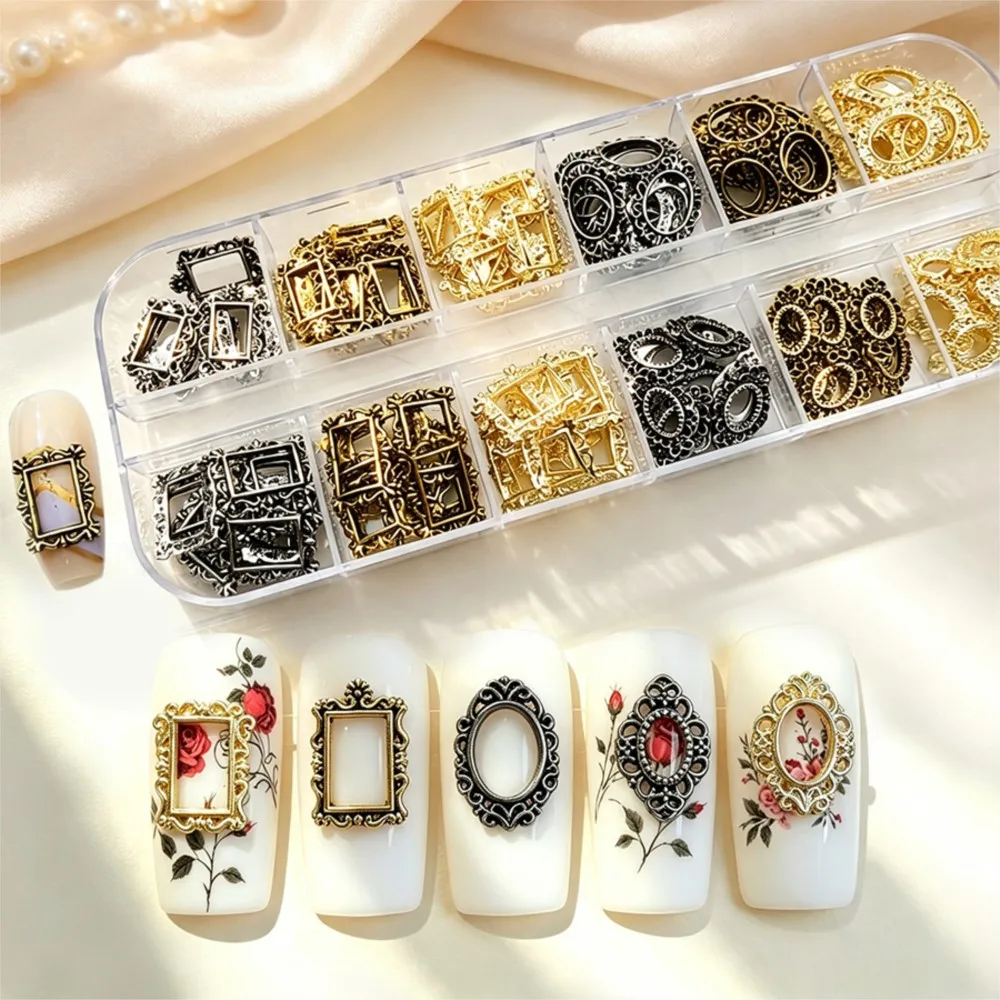 12grids 3D Luxury Retro Gold Silver Frame Nail Charms Metal Alloy Photo Frame Nail Gems Vintage Hollow Frame Nail Decoration D#4