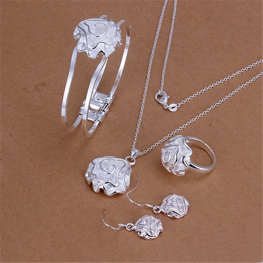 Korean fashion 925 sterling silver rose flower pendant bangle Bracelet necklace rings earrings Jewelry set for women Party gifts