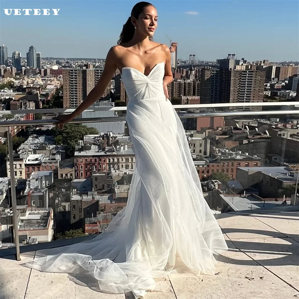 

UETEEY Customized Pleats Sleeveless Strapless Tulle Mermaid Wedding Dress Zipper Back V Neck Court Train vestidos de novia
