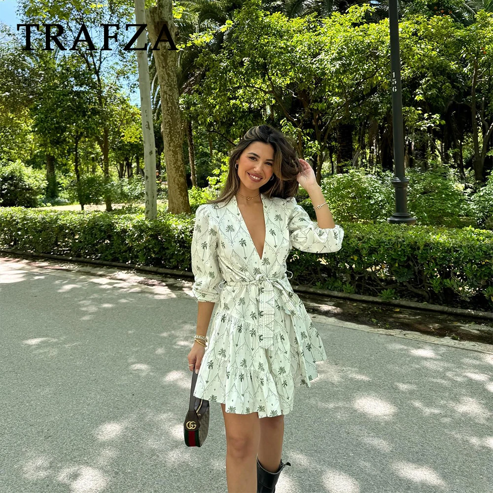 TRAFZA 2024 Spring Summer Women Casual Print Dresses Fashion Streetwear Sashes Loose V Neck Empire Elegant Ladies Dresses