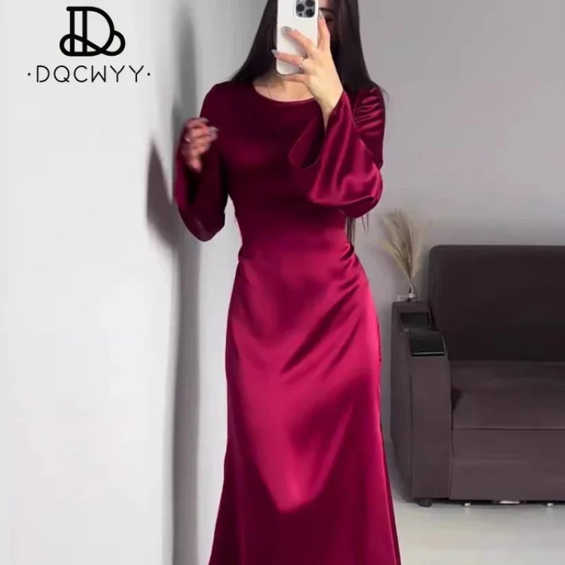 Long Dresses Spring Autumn 2024 New Lace Up Waist Slimming Lace Wine Red Color  Sleeved British Style Elegant Dresses for Women