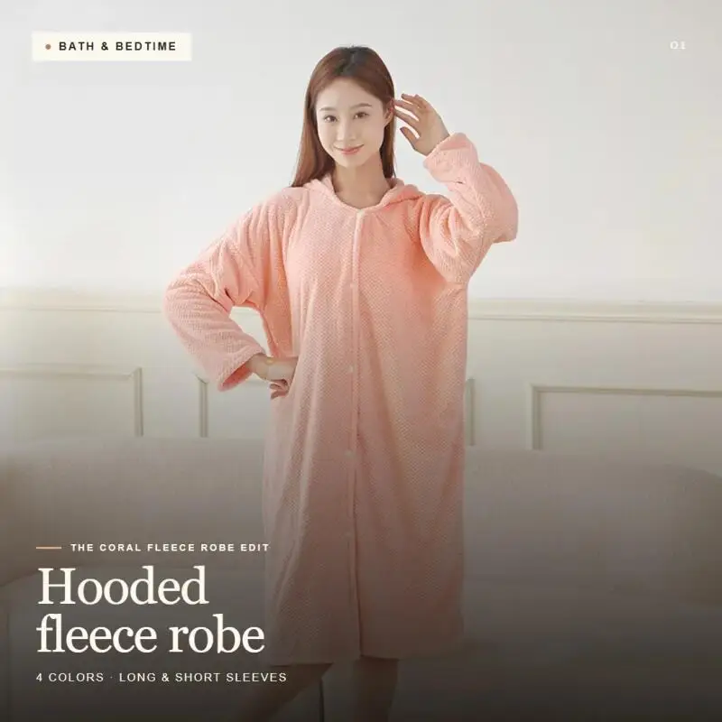 Women Hooded Bath Robe Quick Absorbent Soft Coral Fleece Bathrobe Comfort Soft Spa Robe Loose Home Dressing Gown Shower Beach