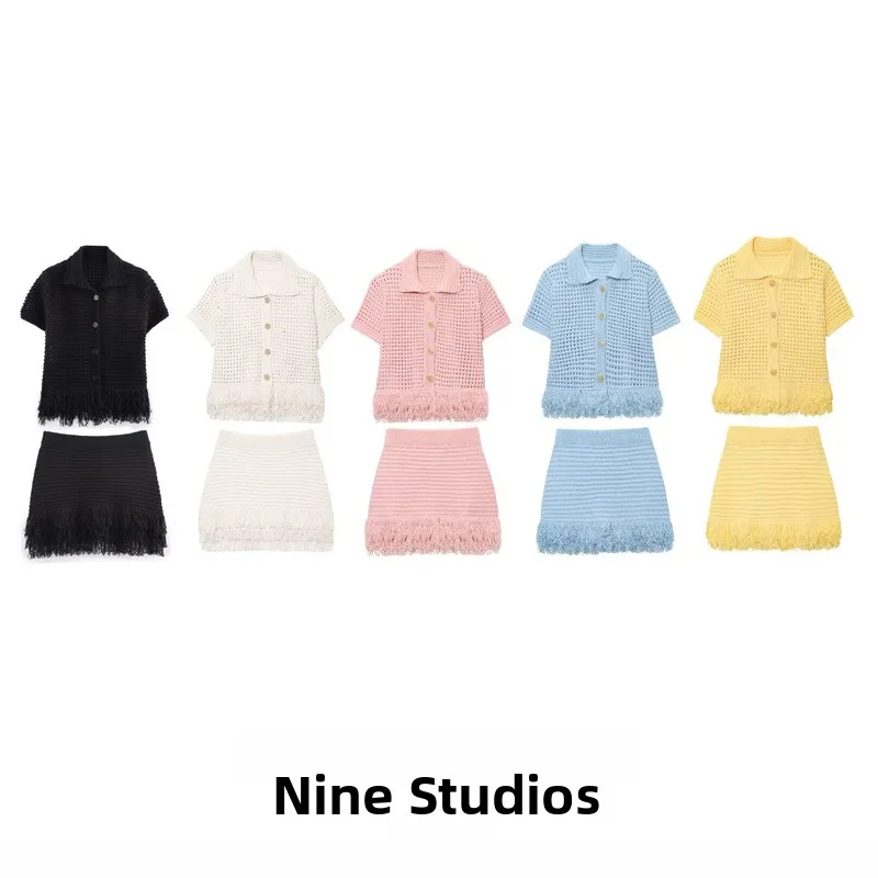 

NINE ZA Women's Knitted irt Coat Plaid Trim Skirt ort Sve Button-Up Spring Faion Set 2025