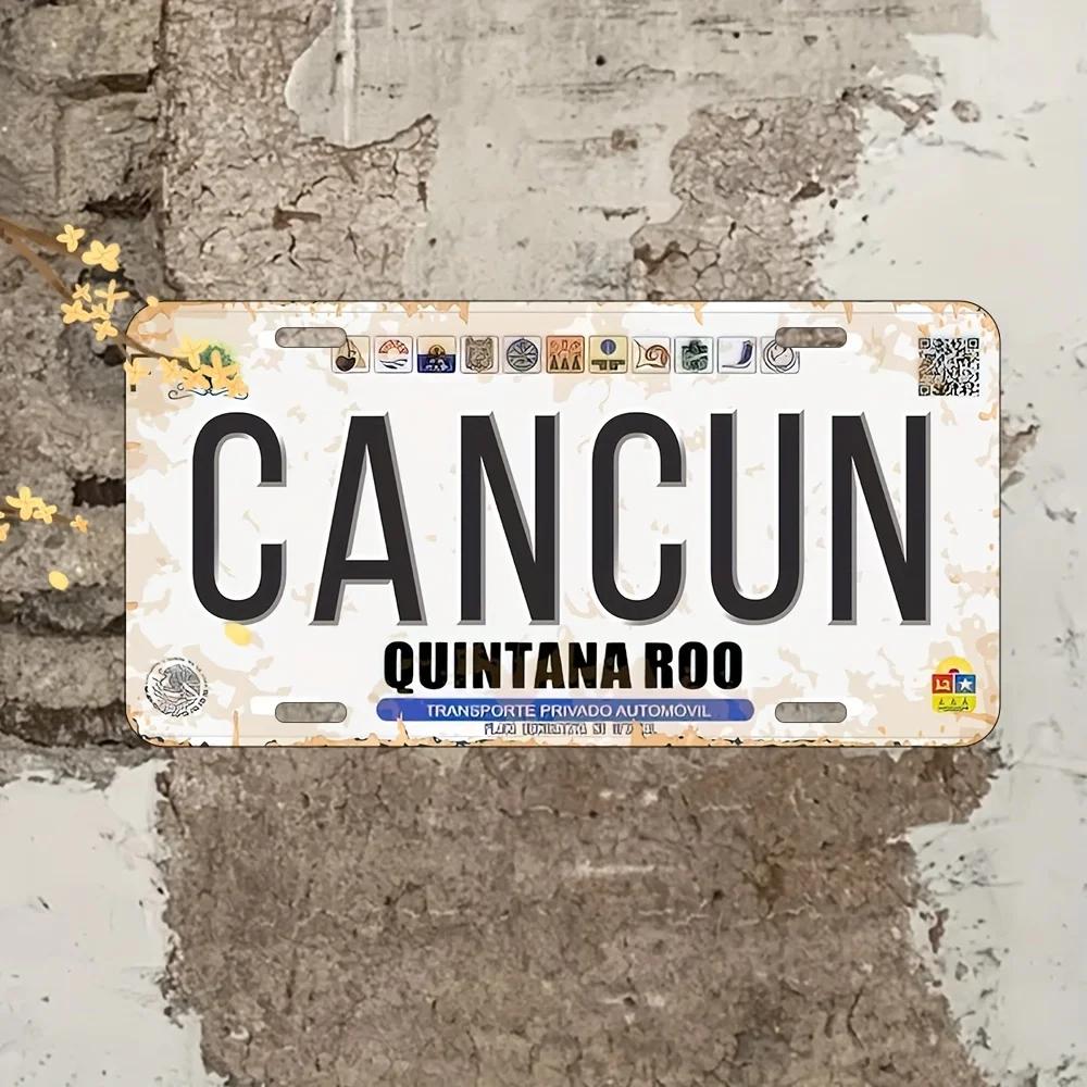 Letrero de metal vintage Cancun Quintana Roo - Diseño de matrícula mexicana - Decoración de pared de aluminio impermeable y a prueba de polvo - Tropical