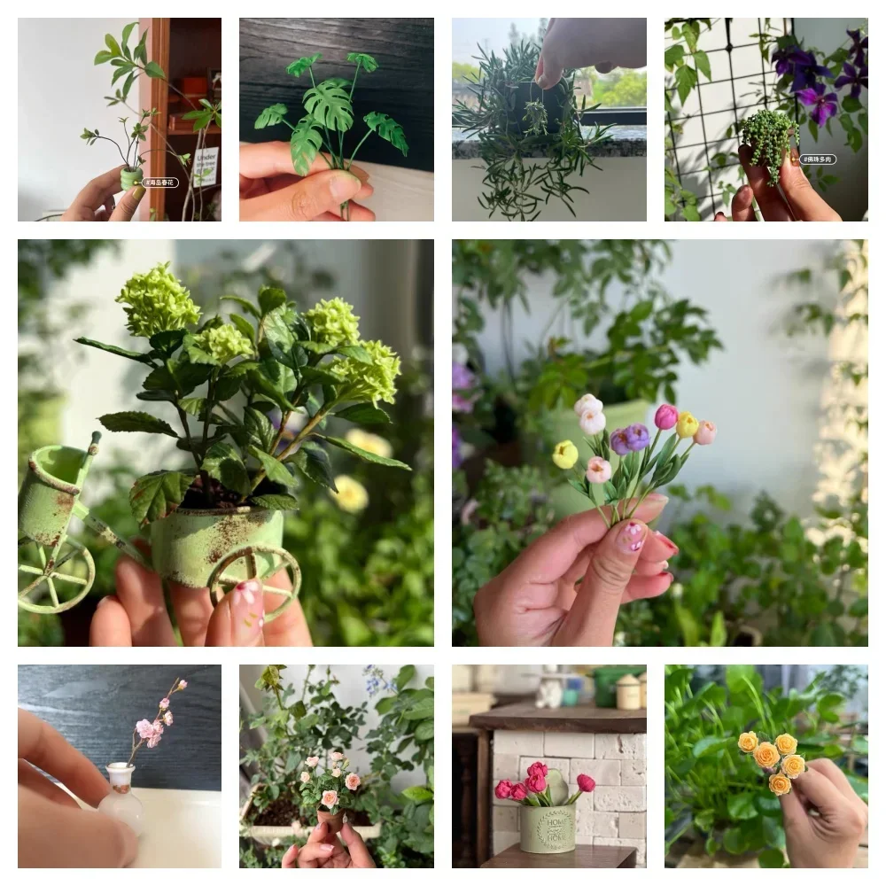 Miniatur Blumen Ton Grüne Pflanze Rose Fleshiness Modell Puppe Hochzeitsstrauß Bühne Party Raumdekoration Puppenhaus Zubehör