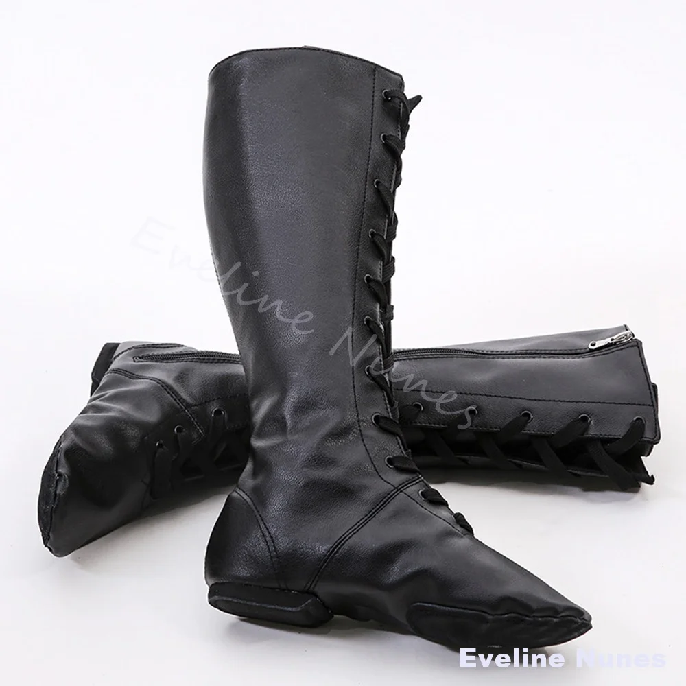 Unisex Golden Pattern Knee High Dance Boots Lace Up Soft Sole Character Dance Shoes Performance Modern Jazz Dancing Footwear