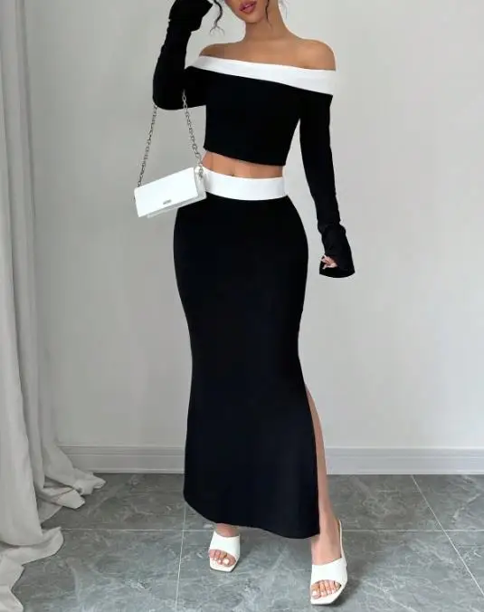

Women's Long Skirt Set Summer New Black and White Color Blocked One Neck Off Shoulder Top and Side Slit Hip Hugging Skirt Set