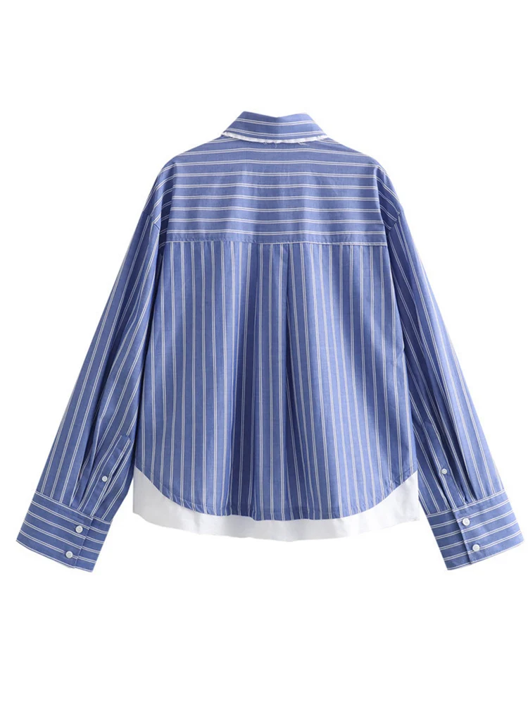 [EWQ] Blauw gestreept ontwerpshirt voor dames Losse enkele rij knopen Minimalistische veelzijdige vrouwelijke casual blouse 2024 Herfst Nieuw 16O981