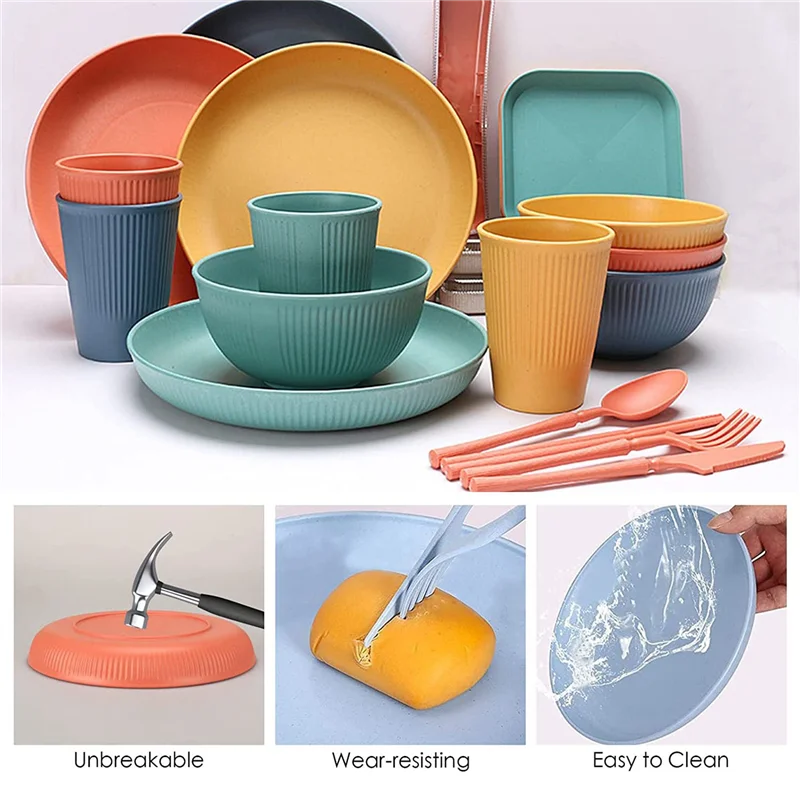 

ABAH-96Pcs Unbreakable Dinnerware Sets For 4 People, Camping Plates And Bowls Set, Picnic Dinner Sets, Serving Plates