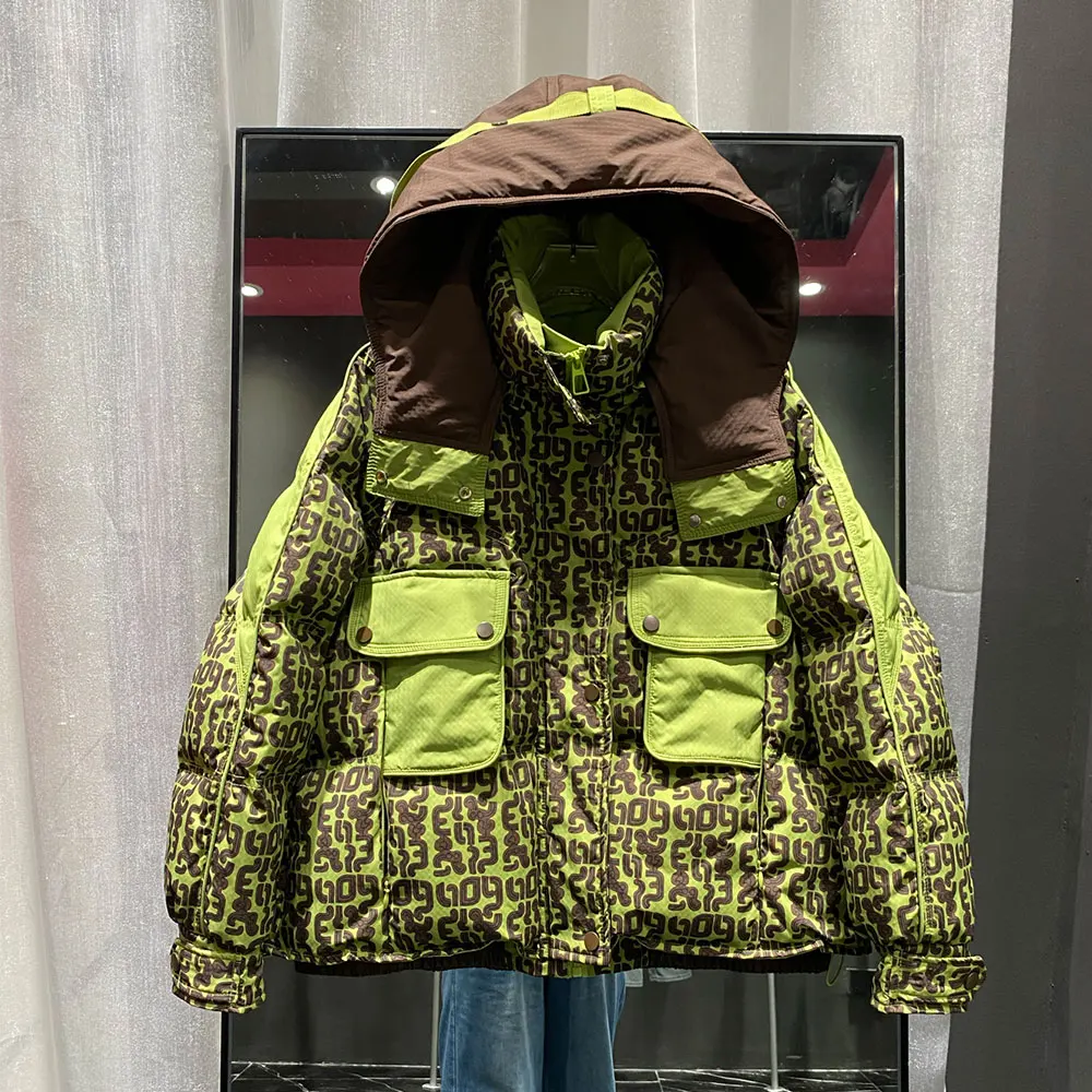 手紙プリントダウンジャケット 2025 冬の上着新韓国ファッションコントラストフード付きパーカー女性厚みのルーズホワイトダックコート