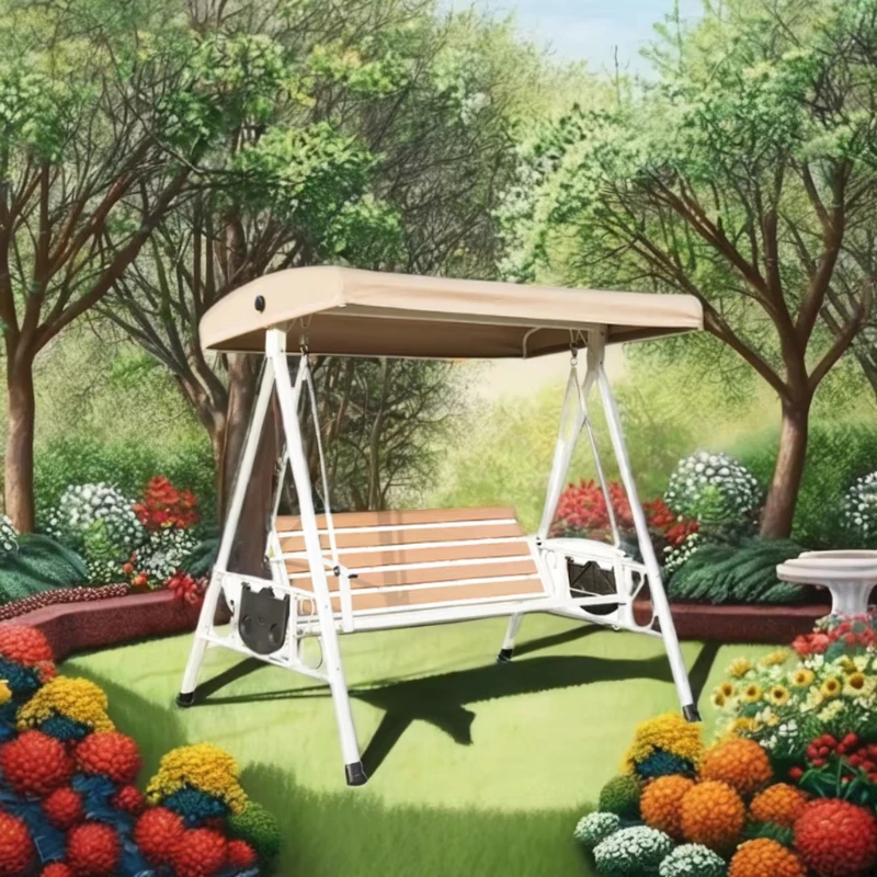 

Luxury Large Size Modern Outdoor 3 Seat Swing Chair Wooden Appearance Durable Metal Frame with Foldable Side Table Park Use