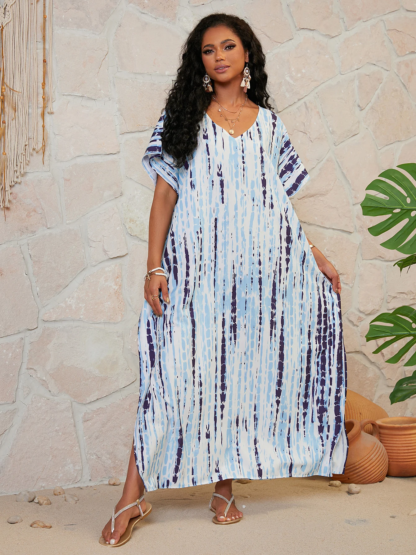 Styl Boho damskie zakrywają Plus Size Tie Dye z dekoltem w szpic luźny krój sukienka plażowa sukienka