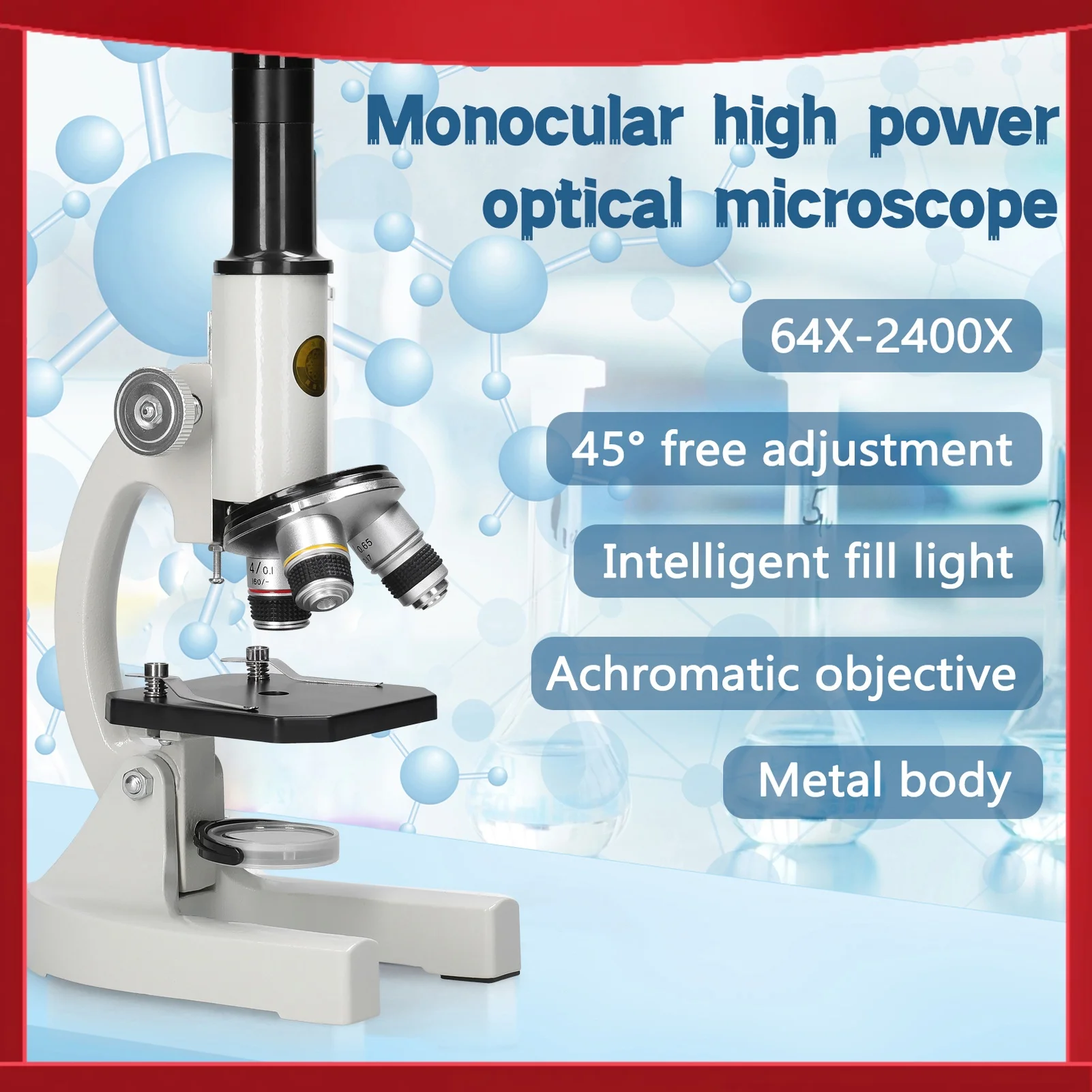 64X-2400X Science Monocular Optical Microscope School Children Experimental Biology Teaching Microscope