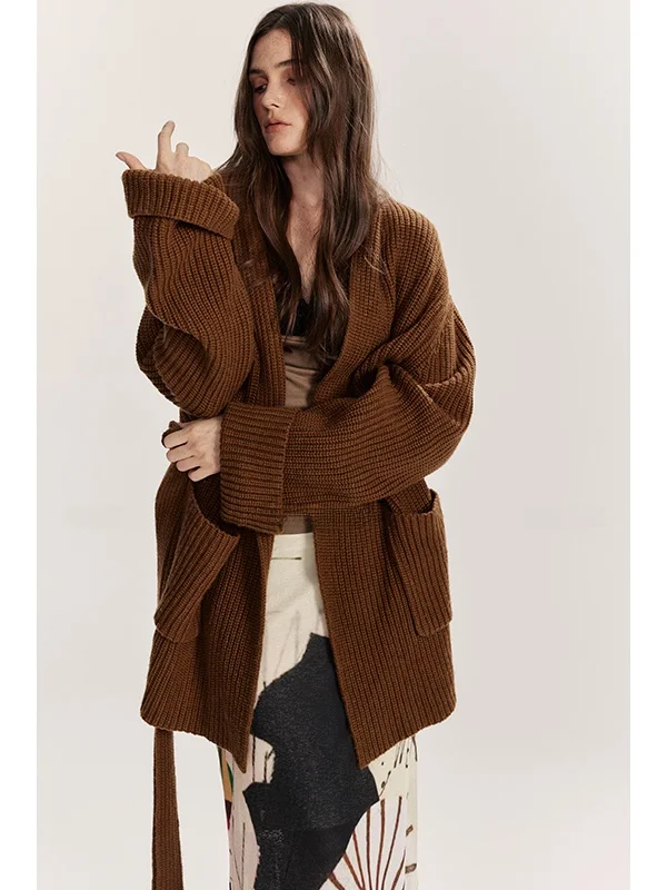 

Шерстяное вязаное пальто Tee Goood из плотной шерсти крупной вязки с полосками, нейлоновое, средней длины, с длинными рукавами