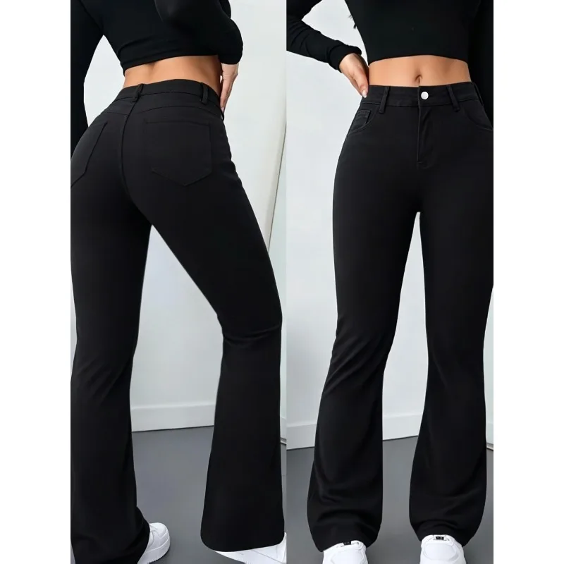 The Latest Pure Black Ladies Jeans, Casual and Versatile Fashion Horn Denim Style, Slim Hip and Solid Color Horn Denim Trousers.