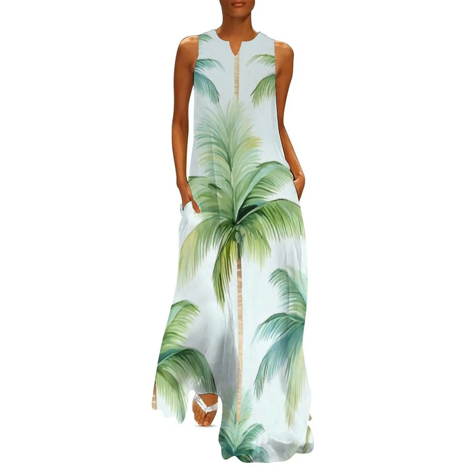 

watercolor palm tree pattern print Long Dress wedding guest dress 2025 dress for woman
