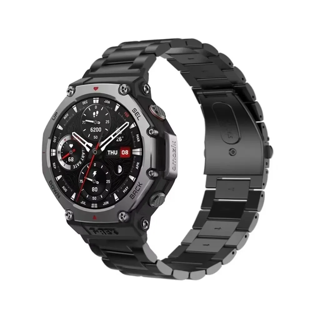 Double Snap Button Three-bead Solid Steel strap Suit for Amazfit T-Rex3 Stainless Steel Smart watch strap with Metal Connector