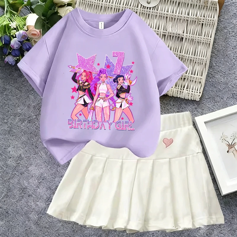 

Kpop Demon Hunters Kid T-shirt Dress Cartoon Number Fashion Set Cute Anime Skirt Round Neck Digital Clothing Girls Birthday Gift