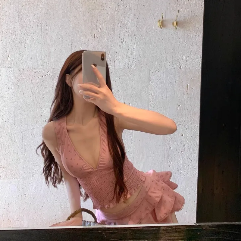 Women Pink Floral Two Piece Swimsuit Halter V Neck Ruched Top Layered Ruffle Skirt Modest Bathing Suit for Hot Spring Vacation - Image 4