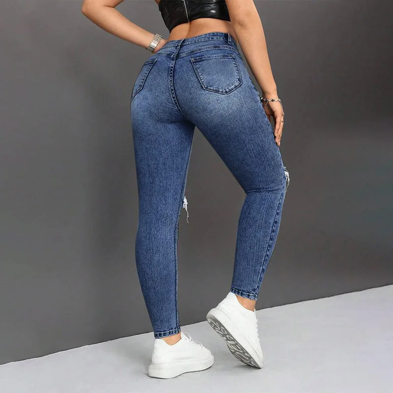 

Джинсовые брюки, женские джинсы с дырками, облегающие брюки-карандаш, уличная одежда, однотонные брюки с карманами, потертые узкие женские элегантные брюки 2025