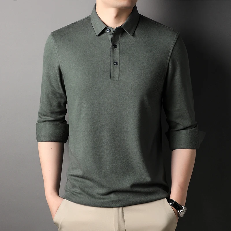 New Cashmere Men's Polo Shirts Spring Autumn Wool Long Sleeve Solid Color Male Polo Shirts Business Casual Simple Man Tees