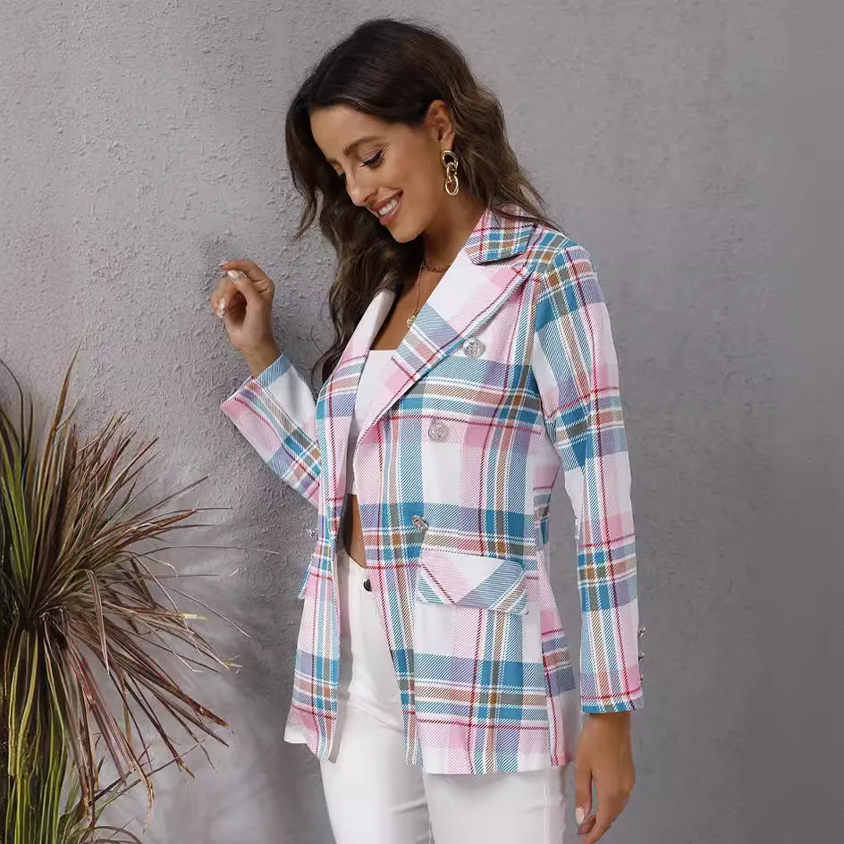 Nuove donne di alta qualità autunno nuova europa e stati uniti colore plaid stampato giacca a maniche lunghe abbigliamento donna