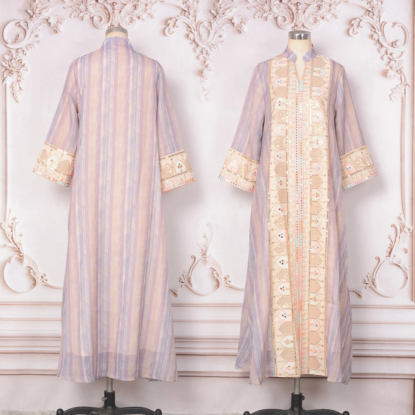 Stripe Arabic Dress Women Jalabiya, Sequins & Thread Embroidery Moroccan Kaftan, Evening Party Ramadan Eid Islam Muslim Abaya
