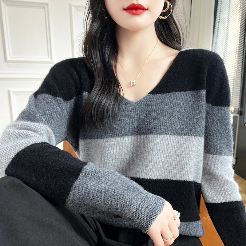 Autumn and Winter New Women's Sweater 100% Merino Wool Sweater Cashmere V-neck Color blocked Thick Knitted Loose Fashion Top