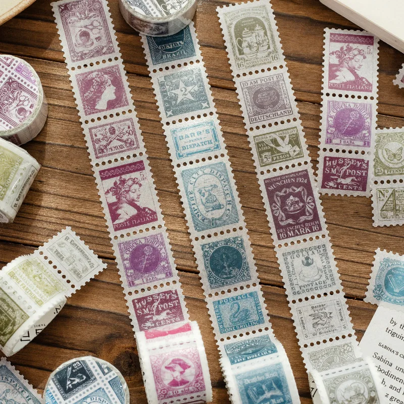 2.8x200cm Vintage Stamp Style Tape Stickers, Simulated Postage Stamp Washi Tape for Journal Scrapbook