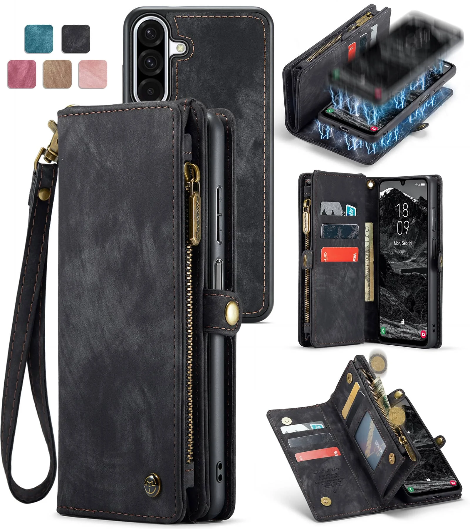 

Магнитный чехол-кошелек для Samsung Galaxy A17, совместимый с магнитной застежкой-молнией и съемным ремешком для держателя карт RFID