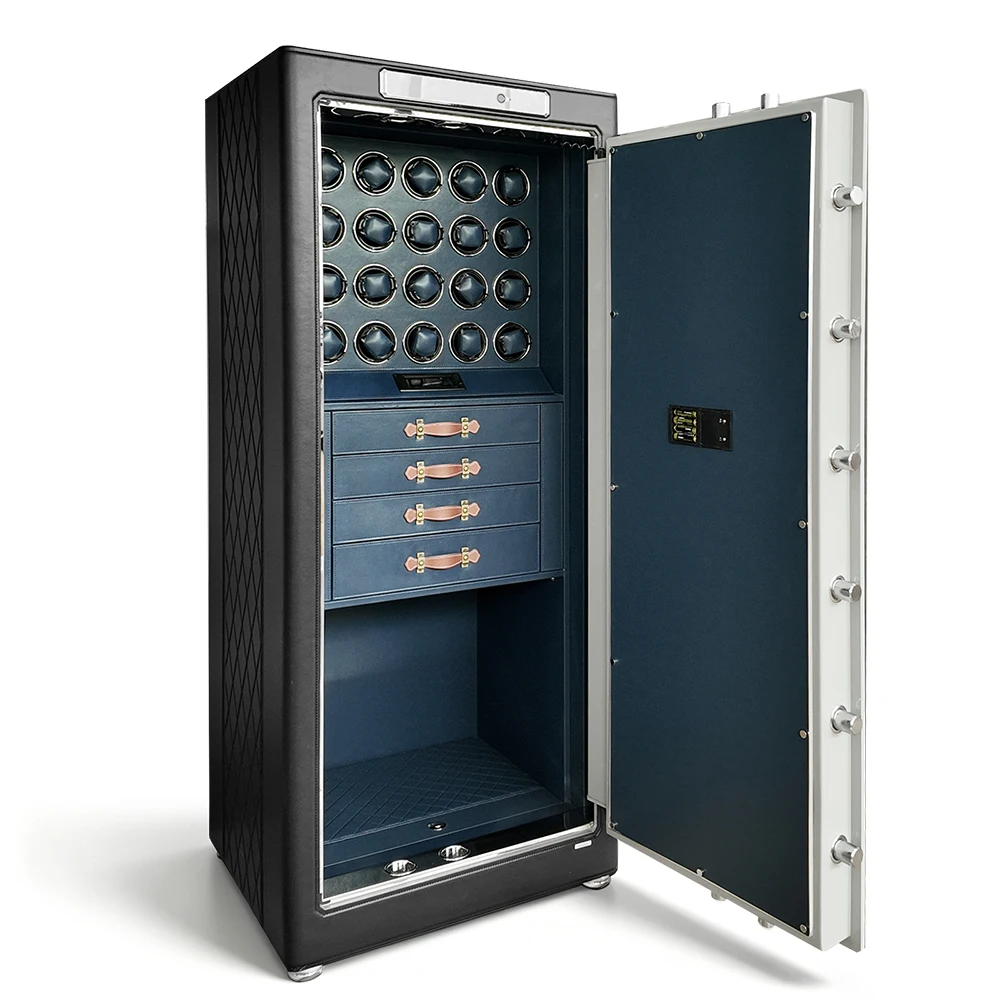 D-150H Home Safe Cabinet 150cm Tall Luxury Leather Biometric Fingerprint Lock 4 Drawers 256kg Watches Jewelry