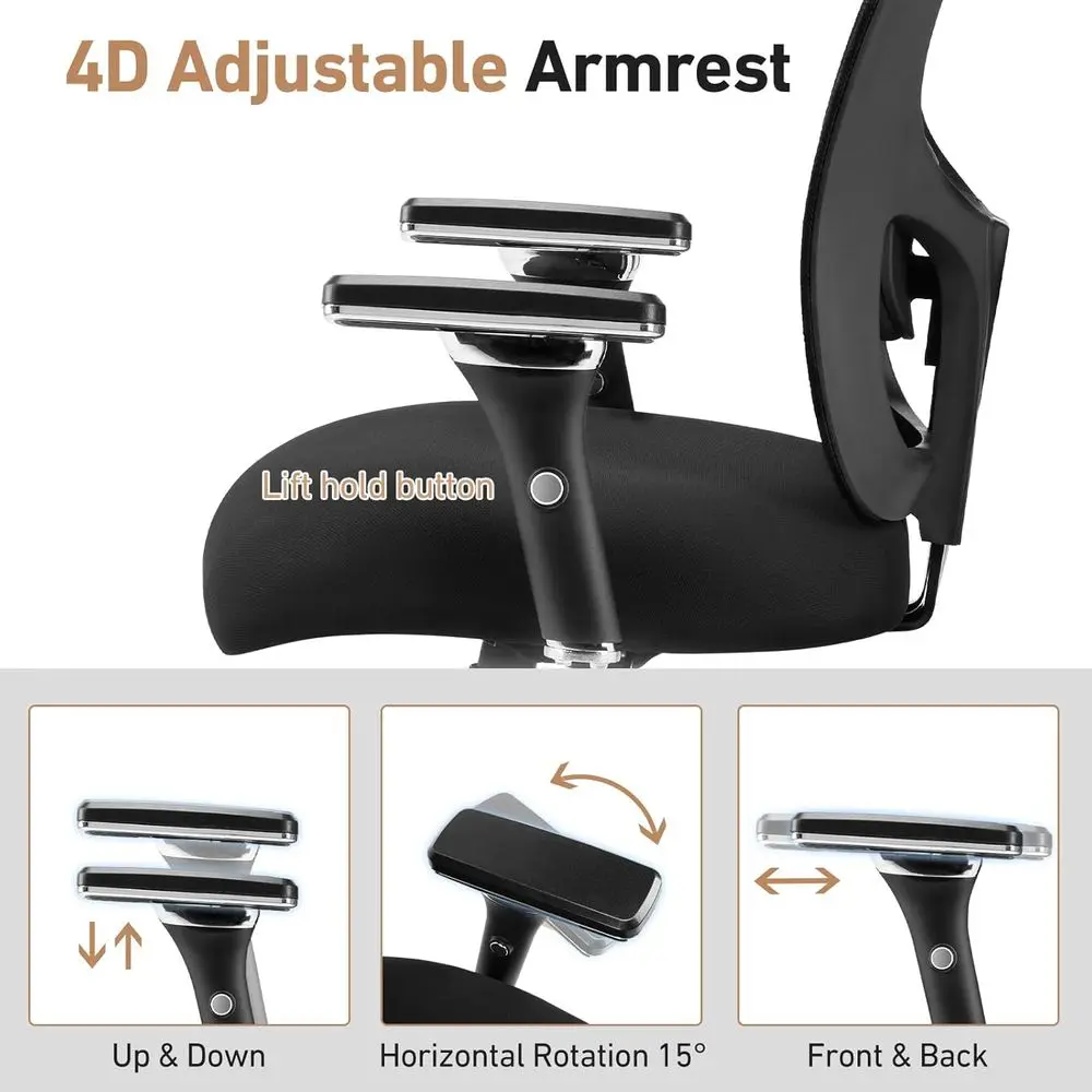 Ergonomic Home Office Desk Chair - Heavy Duty Mid Back with Lumbar Support & 4D Armrest, Height Adjustable Mesh Computer Gaming
