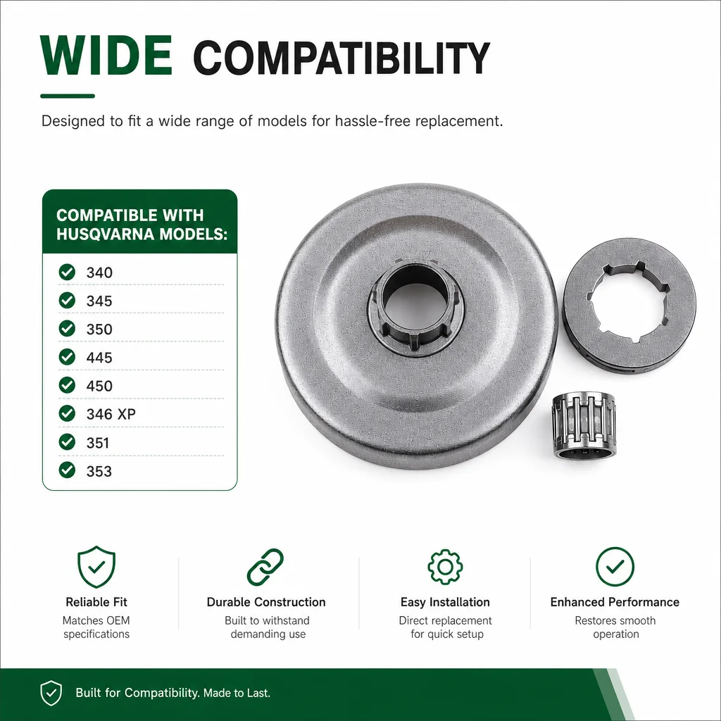 3/8"-7T Clutch Drum Sprocket Kit Rim Bearing For Husqvarna 340 345 350 445 450 Chainsaw Parts, Replaces 578 09 79-01 view 3