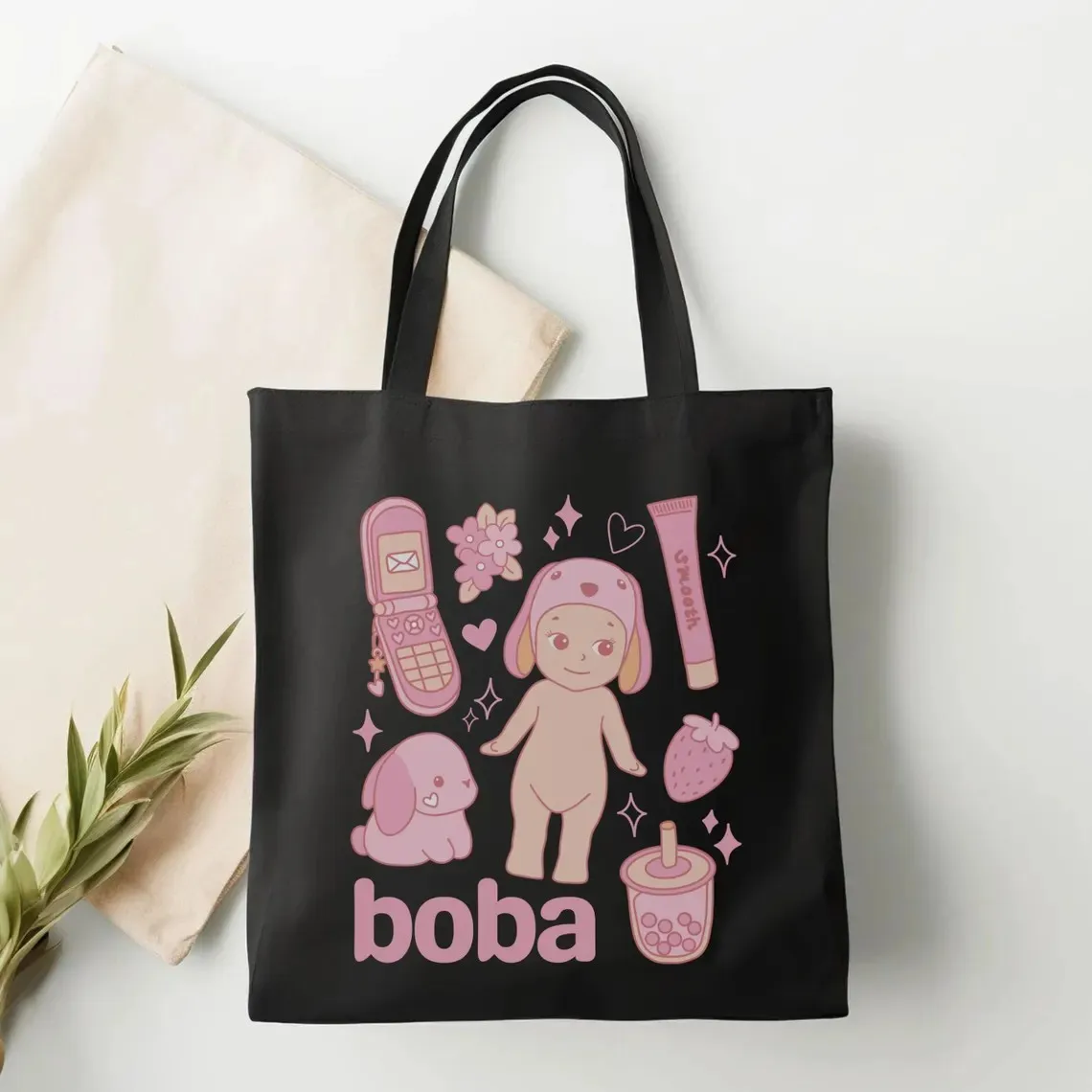 Smiski حمل حقيبة سوني الملاك حقيبة كتب Homebody Smiski القطن قماش حمل الأخضر غي حقيبة بقالة هدية الكرتون قماش حقائب كتف