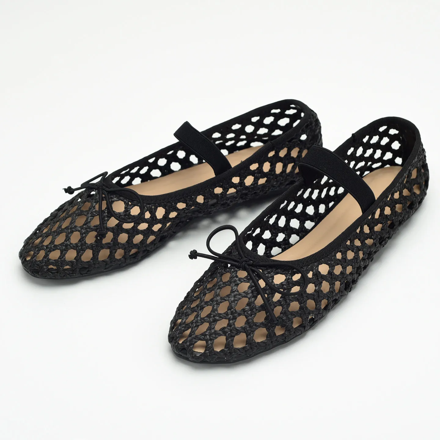 Woven Mesh Ballet Flats for Women Summer Round Toe Slip on Fishnet Sandals Casual Breathable Leather Mary Jaens Ladies Shoes