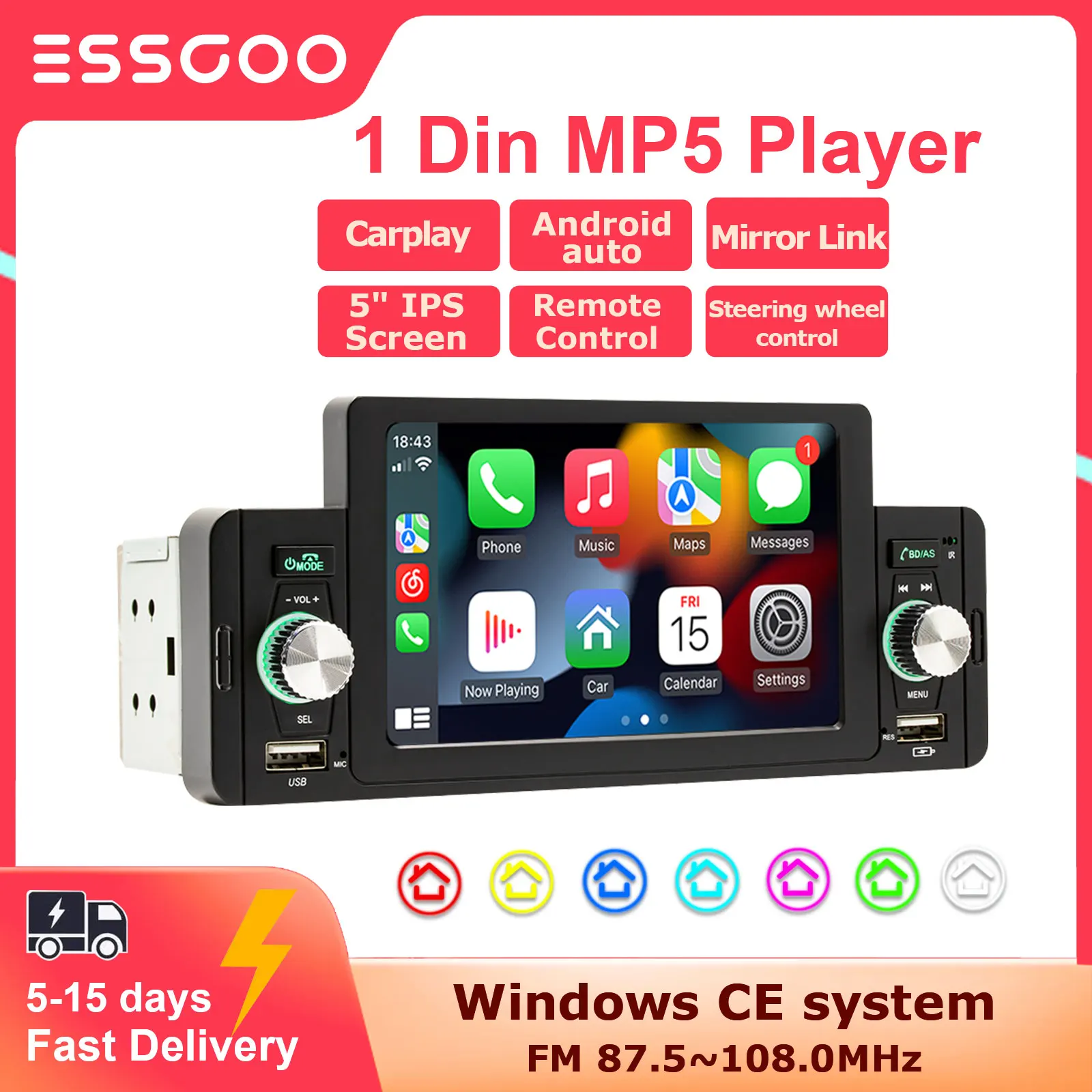 ESSGOO Car Radio 1Din MP5 Player Autoradio Stereo 5 Inch IPS Screen Carplay Mirror Link Bluetooth Universal Multimedia Player