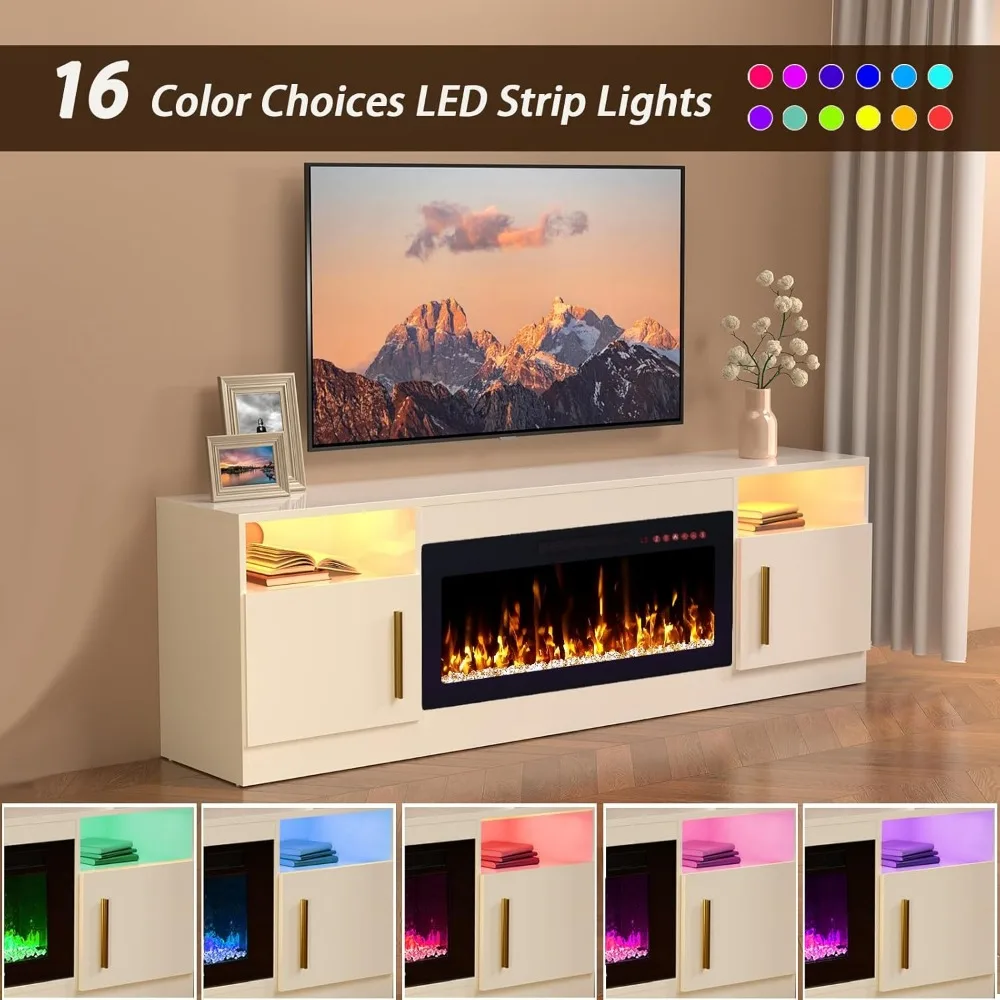 70 حامل تلفزيون مدفأة كهربائية بيضاء حديثة مع مركز ترفيه LED لغرفة المعيشة