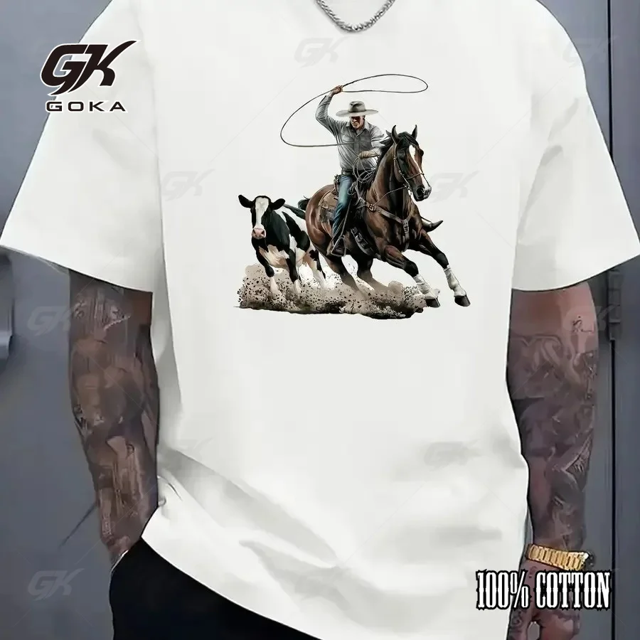 Western Cowboy Roping Cattle T-Shirt, Black Rodeo Cowboy Horse Graphic Tee, Vintage Ranch  Streetwear Unisex Clothes Comfortable