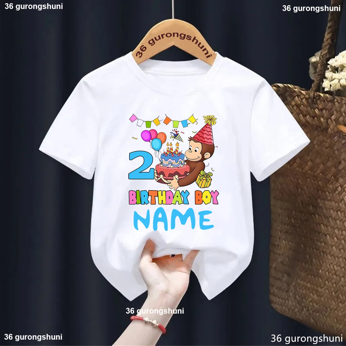 Personalized Name Boys T-Shirt Curious George Monkey Birthday Numbers 1-9 Years Old Tshirt Kids Cute Monkey Printed Boys Clothes