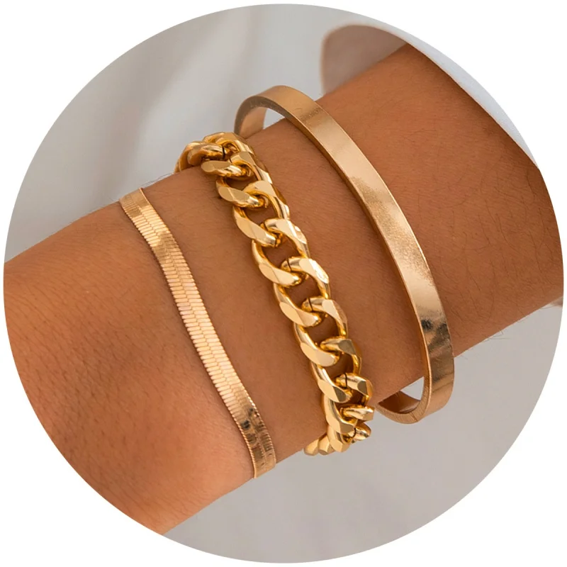 Light Luxury Metal Snake Bones Chain Glossy Bracelet Women's Ins Style Metal Thick Straps Bracelet Set