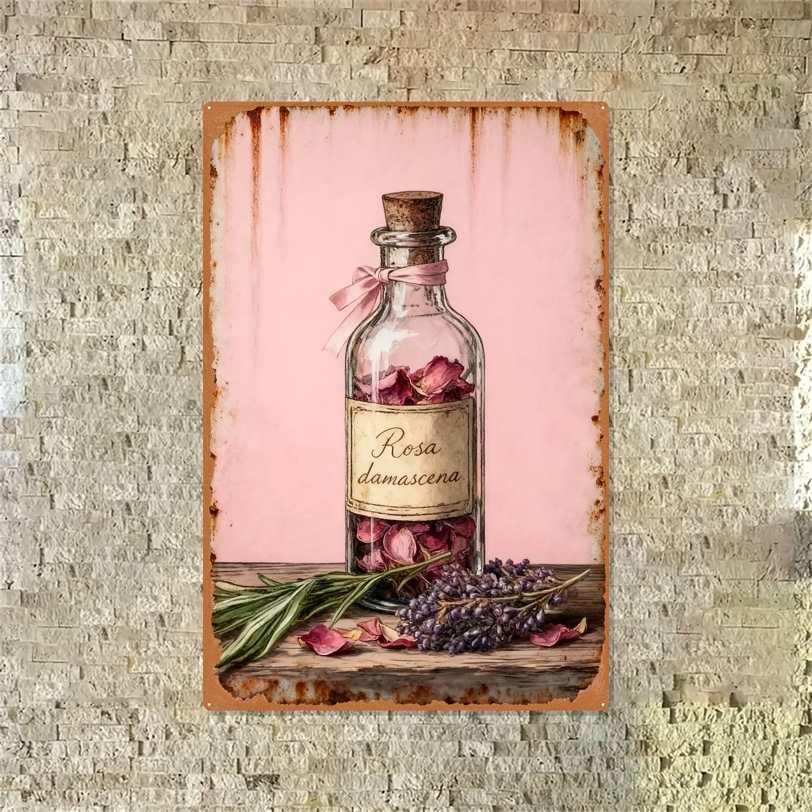 2D Flat, 1pc Vintage Lavender & Rose Metal Wall Art - Vintage Glass Bottle Tin Sign with Hand-Painted-Look Botanical