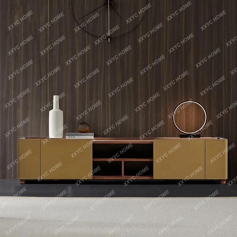 minimalist solid wood saddle leather TV cabinet, simple  living room home walnut low cabinet