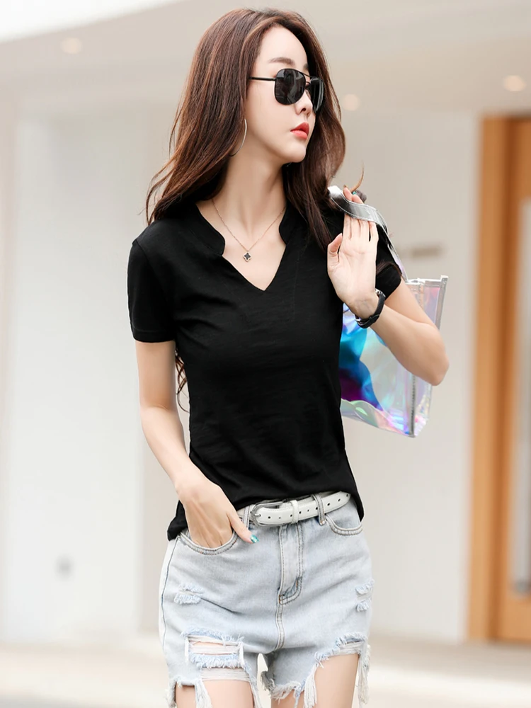 2026 Sommer Bambus-Baumwoll-T-Shirt für Damen, V-Ausschnitt, Weiche T-Shirts, Klassische Mode, Größen S-3XL, Damen-Oberteile – Detail 2