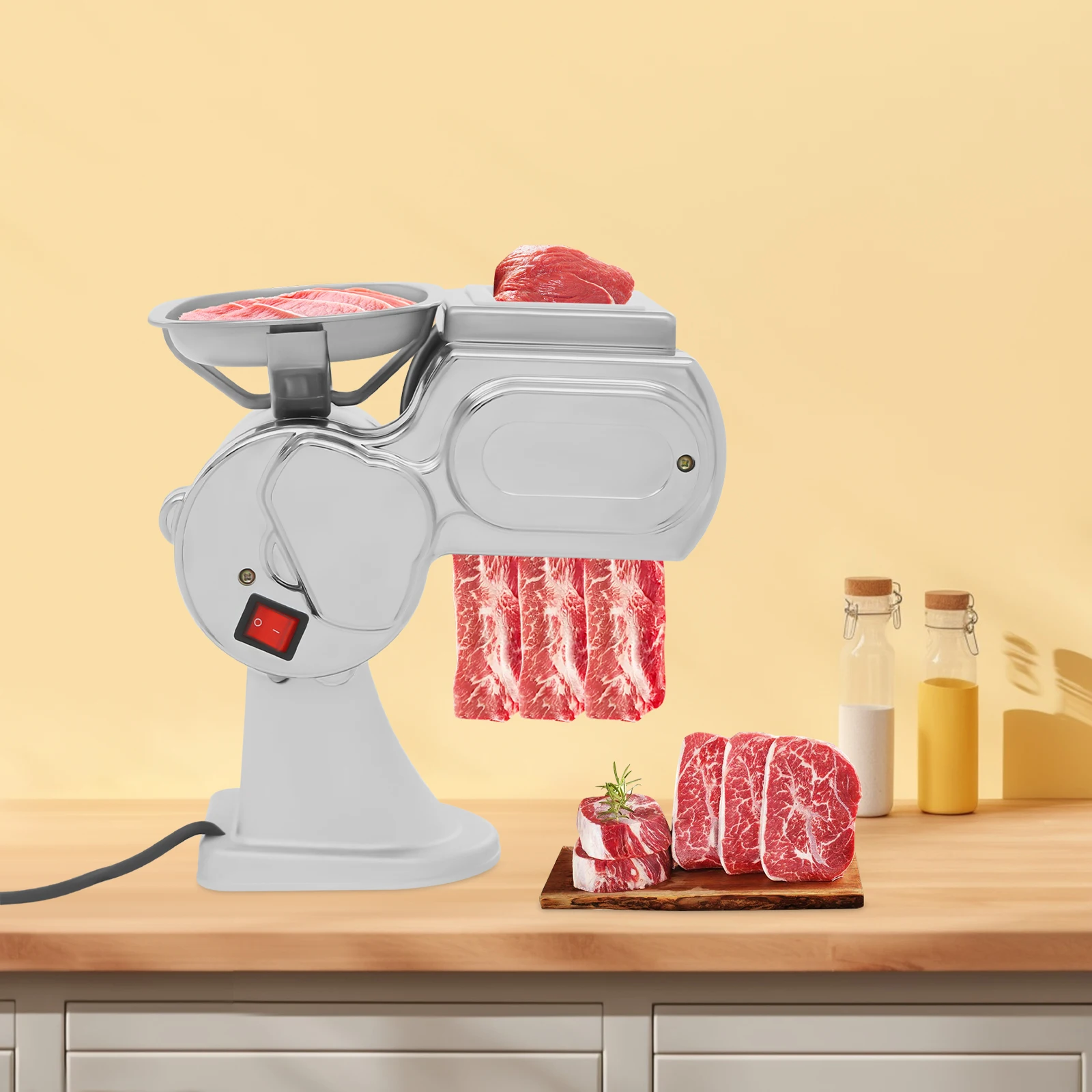 Cortador de carne eléctrico de 0,07 pulgadas/0,1 pulgadas con bandeja de almacenamiento, máquina cortadora de carne de acero inoxidable de 600W, rebanador de carne de cordero y carne