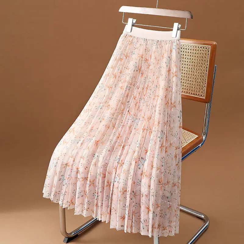 New Spring and Summer Women's High Waist Elastic Loose Mesh Pleated Korean A-Line Printed Fashion All Match Commuter Skirt
