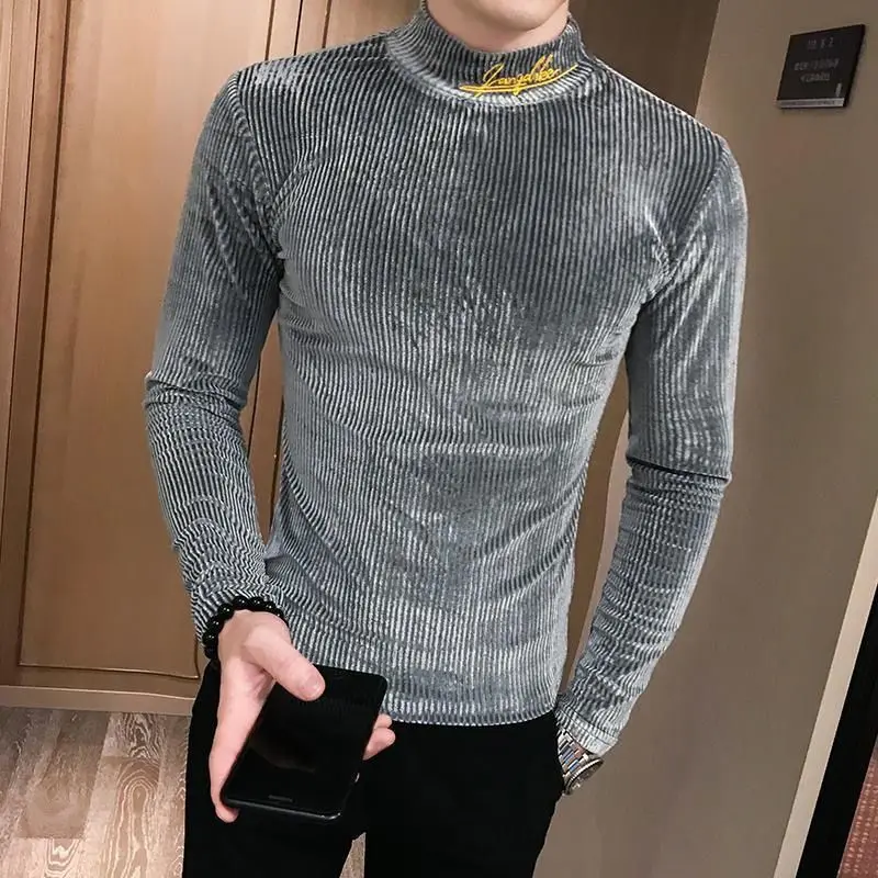 Trend Fashion Autumn Winter Sweaters Men Solid Mock Neck Embroid Thicken Korean Long Sleeve Slim Pullovers Bottoming Shirt Tops