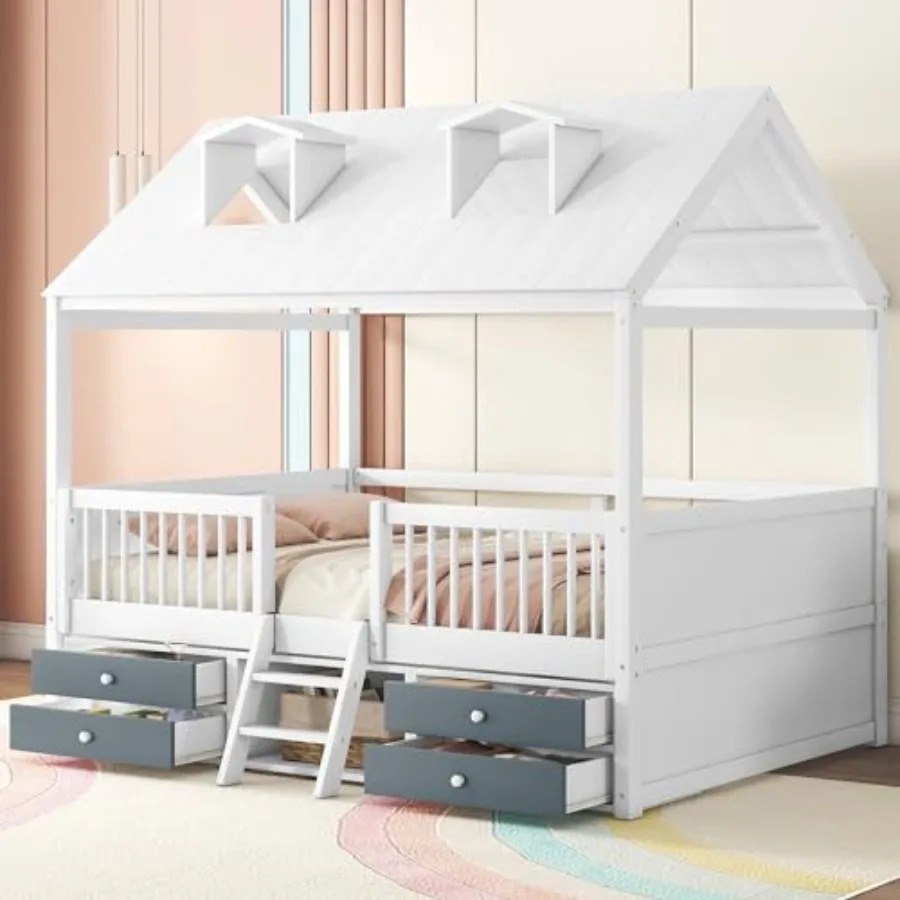 

Full Size Wood House Bed Frame with Full-Length Fence and 4 Storage Drawers Funny Playhouse Tent Bed with Roof and 2-Step Ladde