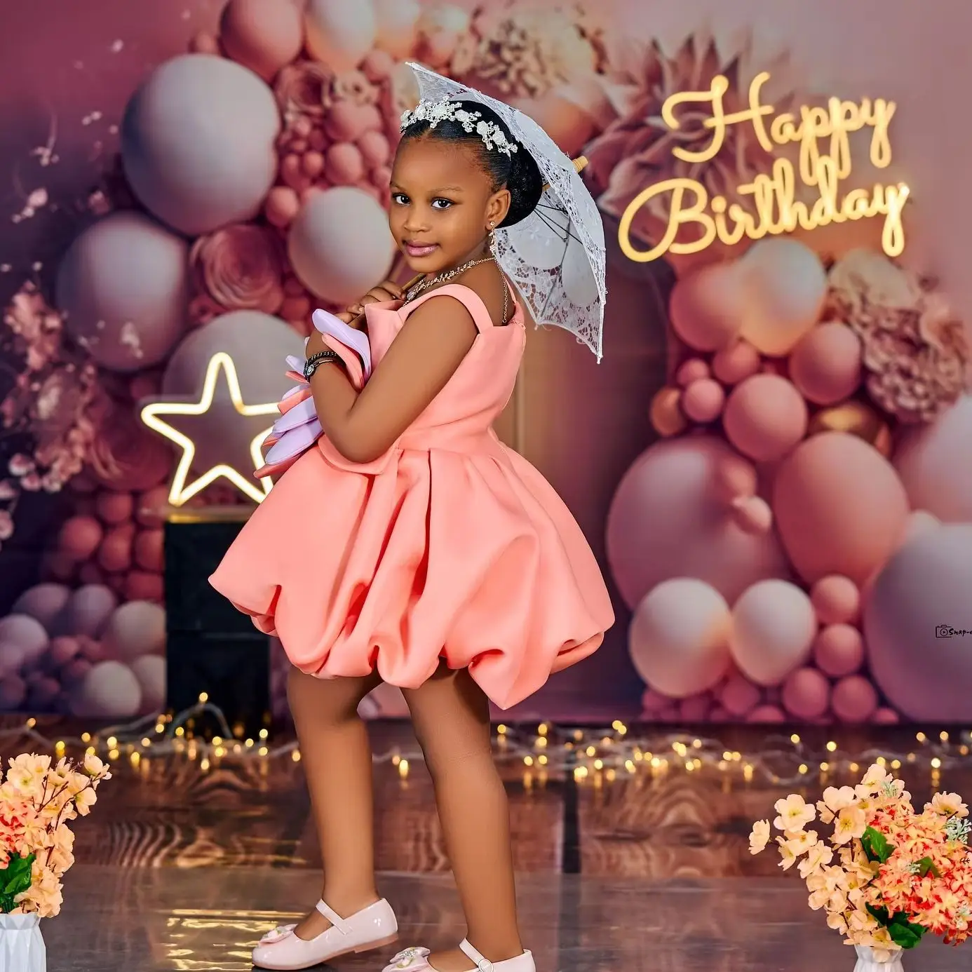 Peach Pink Flower Girl Dresses Big Floral Above Knee Length Princess Birthday Photos Shoot Gowns for Party Customized