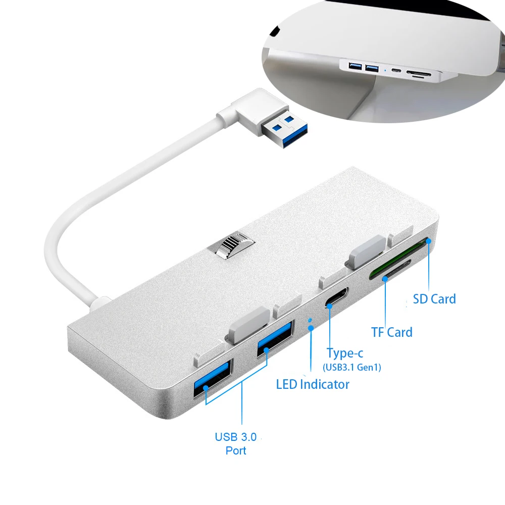 Aluminum Alloy USB 3.0 Hub Type-C Adapter Splitter with SD/TF Card Reader Clip-type for iMac 21.5 27 PRO Slim Unibody Computer